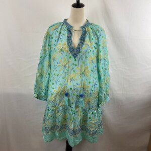 Bella Tu Dress M Blue Green Floral Beaded Embroidered Trim Tunic Style